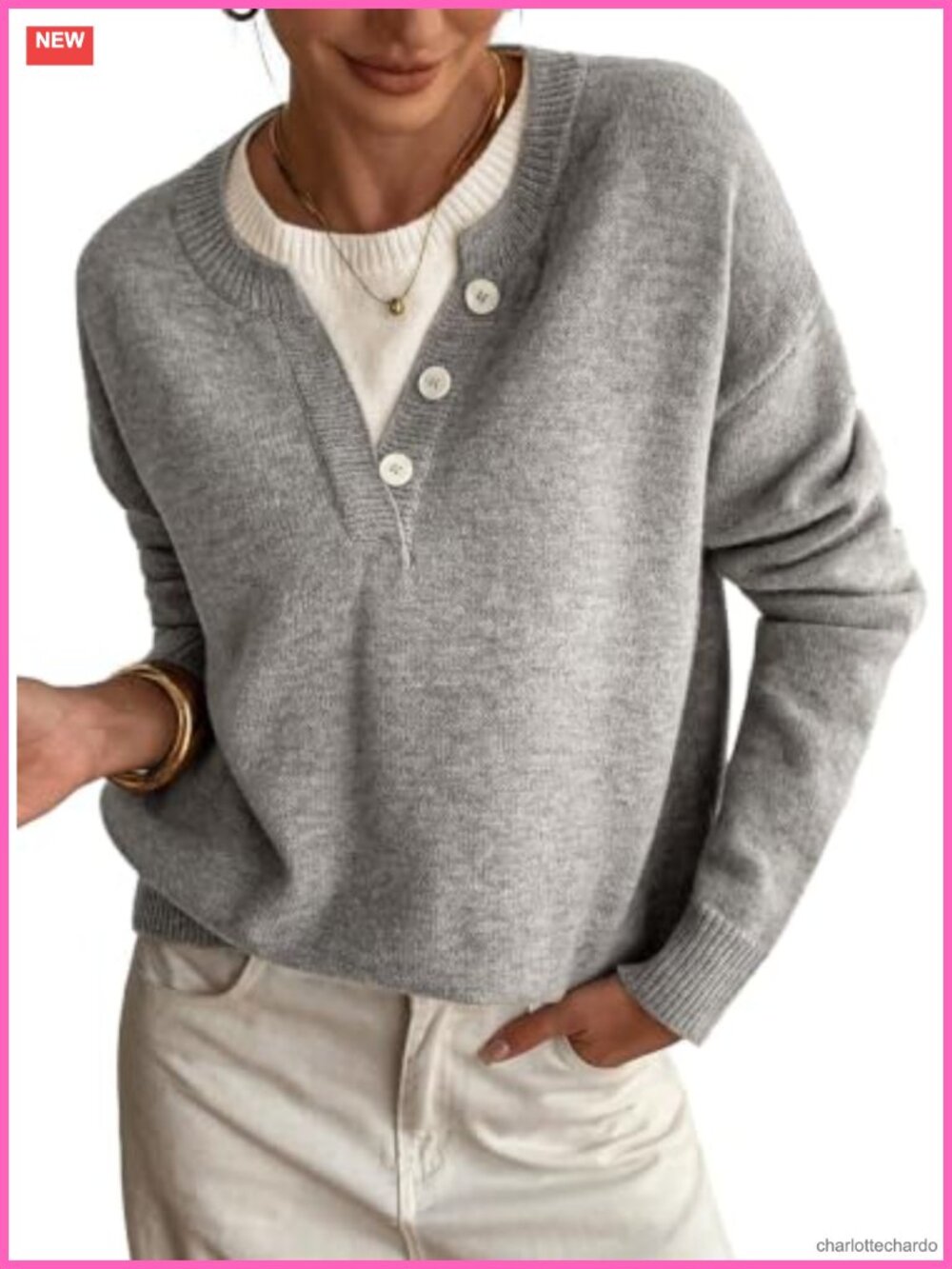 Women's Long Sleeve Knitted Pullover Sweater Wool Blend with Button Henley Neck